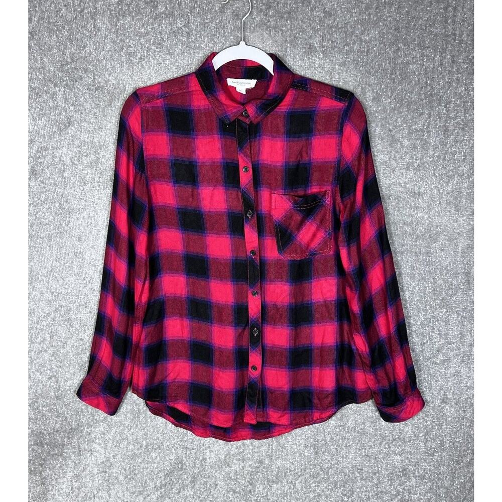 Beach Lunch Lounge Plaid Button Up Top Womens Size Small Chest Pocket Rayon